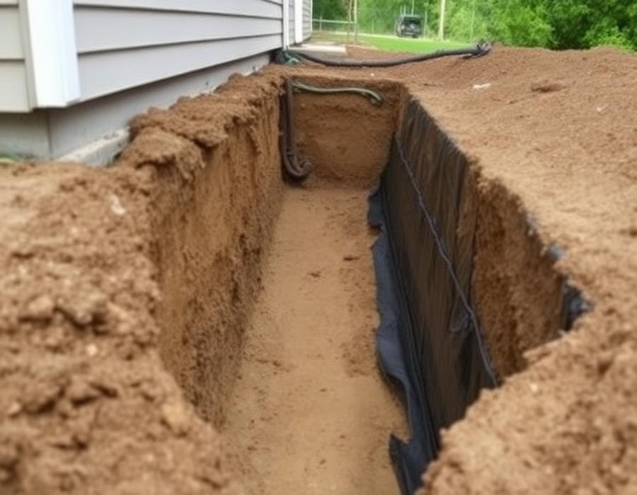 Exterior foundation waterproofing membrane installed in an excavated trench